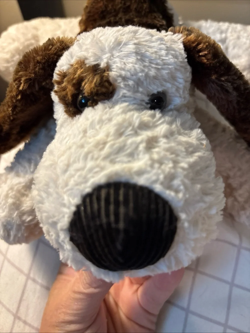 Russ Berrie Brown, White and Black Plush Dog Toy dogs name is droozy